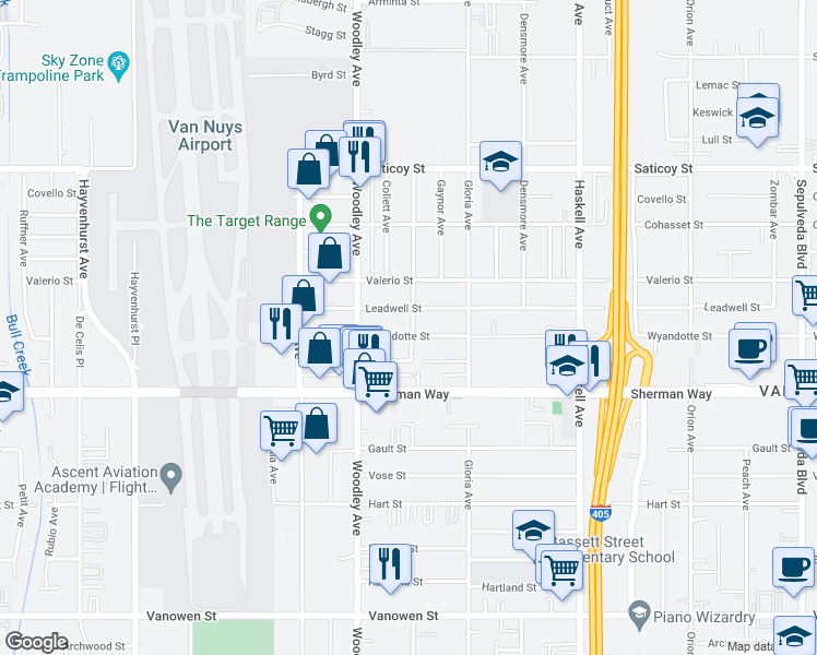 map of restaurants, bars, coffee shops, grocery stores, and more near 16001 Wyandotte Street in Los Angeles