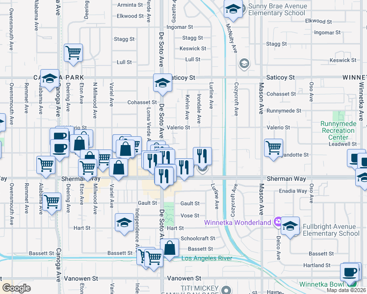 map of restaurants, bars, coffee shops, grocery stores, and more near 7259 Kelvin Avenue in Los Angeles