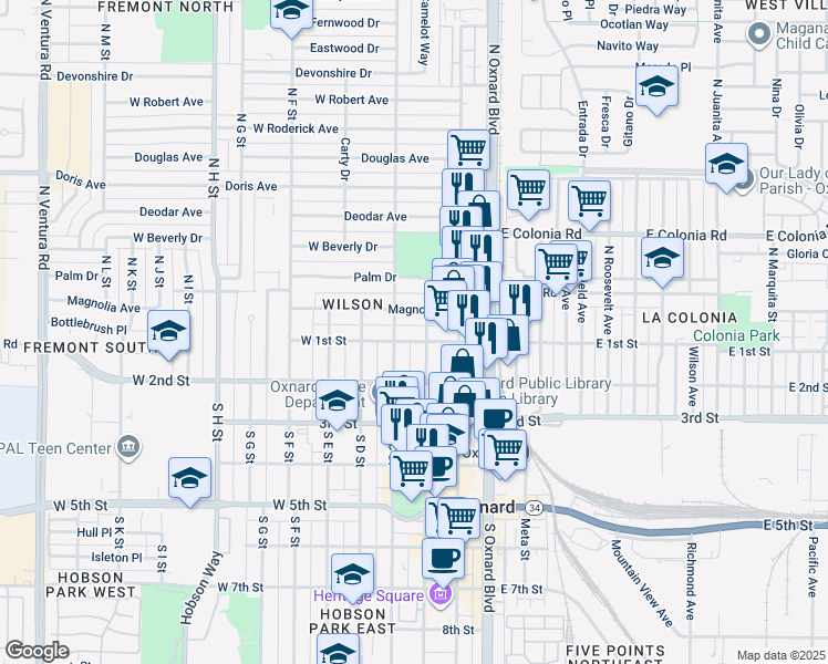 map of restaurants, bars, coffee shops, grocery stores, and more near 100 South C Street in Oxnard