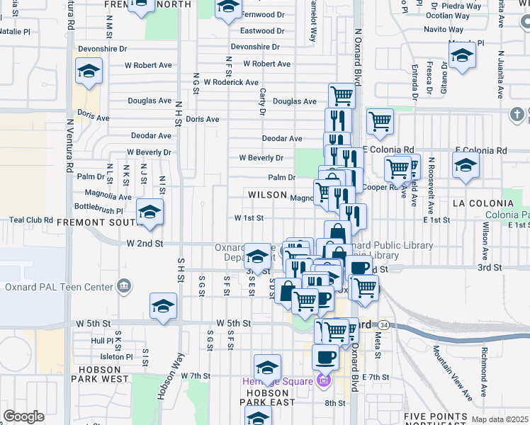 map of restaurants, bars, coffee shops, grocery stores, and more near 511 West 1st Street in Oxnard