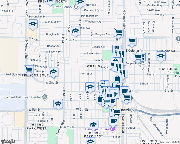 map of restaurants, bars, coffee shops, grocery stores, and more near 619 West 1st Street in Oxnard