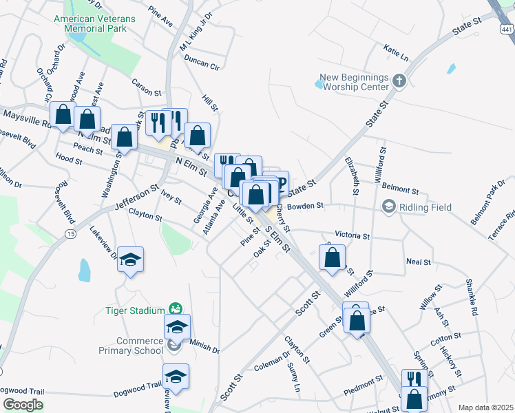 map of restaurants, bars, coffee shops, grocery stores, and more near 1704 South Broad Street in Commerce