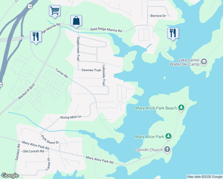 map of restaurants, bars, coffee shops, grocery stores, and more near 2675 Lakeside Trail in Cumming