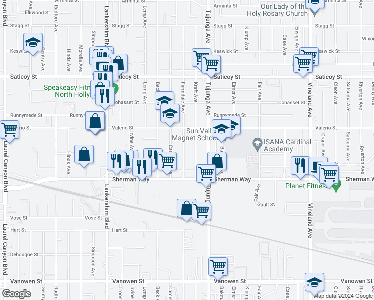 map of restaurants, bars, coffee shops, grocery stores, and more near 7306 Farmdale Avenue in Los Angeles