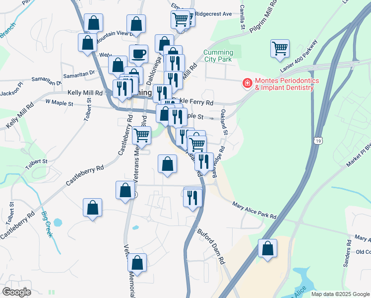 map of restaurants, bars, coffee shops, grocery stores, and more near 240 Atlanta Highway in Cumming