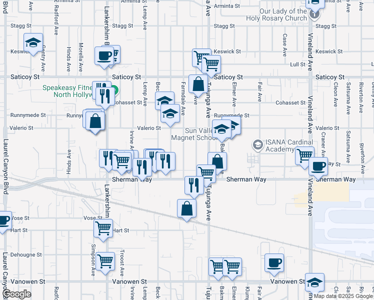 map of restaurants, bars, coffee shops, grocery stores, and more near 7306 Farmdale Avenue in Los Angeles