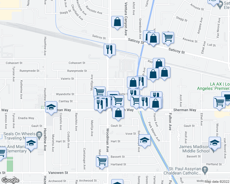 map of restaurants, bars, coffee shops, grocery stores, and more near 13629 Wyandotte Street in Los Angeles
