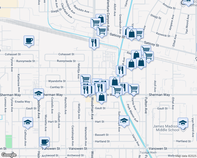 map of restaurants, bars, coffee shops, grocery stores, and more near 13629 Wyandotte Street in Los Angeles