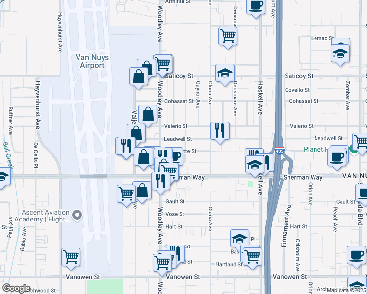 map of restaurants, bars, coffee shops, grocery stores, and more near 16001 Wyandotte Street in Los Angeles