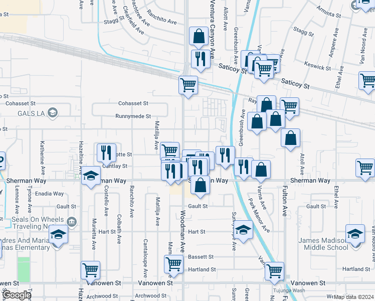 map of restaurants, bars, coffee shops, grocery stores, and more near 13653 Wyandotte Street in Los Angeles