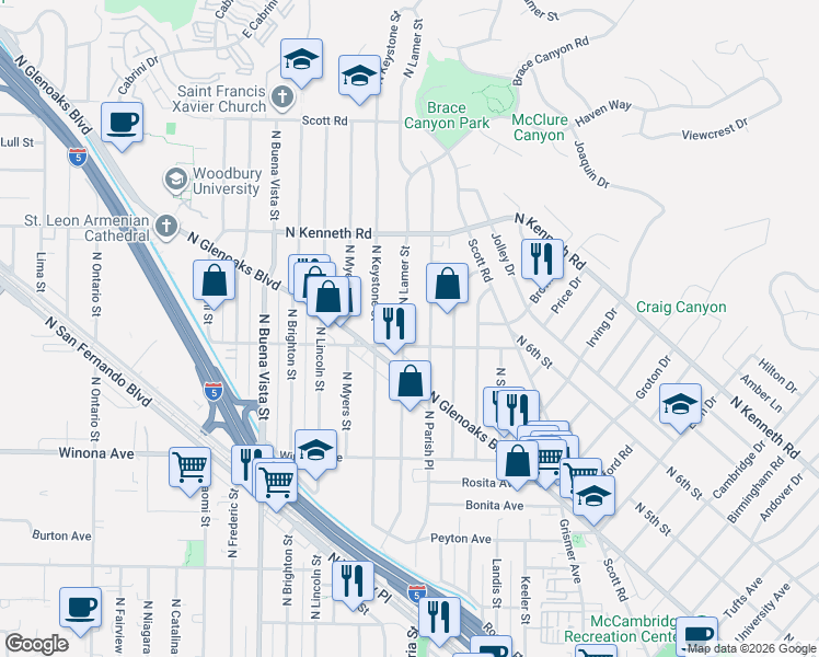 map of restaurants, bars, coffee shops, grocery stores, and more near 2414 North Lamer Street in Burbank