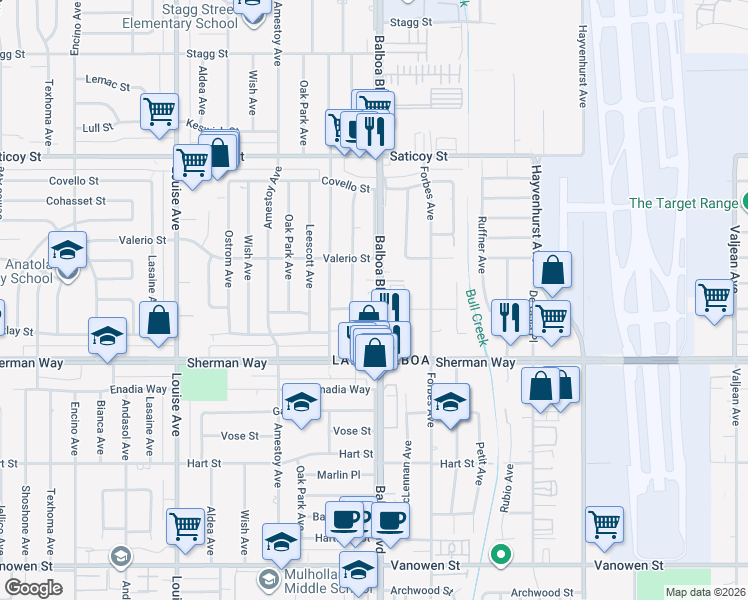 map of restaurants, bars, coffee shops, grocery stores, and more near 7305 Balboa Boulevard in Los Angeles