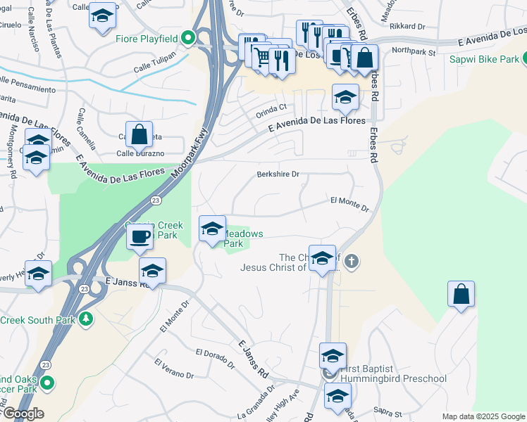 map of restaurants, bars, coffee shops, grocery stores, and more near 2751 Thousand Oaks Boulevard in Thousand Oaks