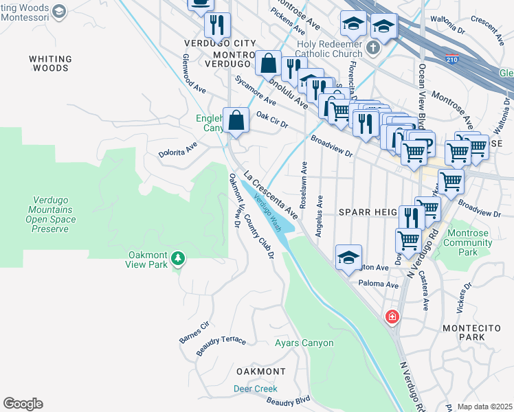map of restaurants, bars, coffee shops, grocery stores, and more near 3522 La Crescenta Avenue in Glendale