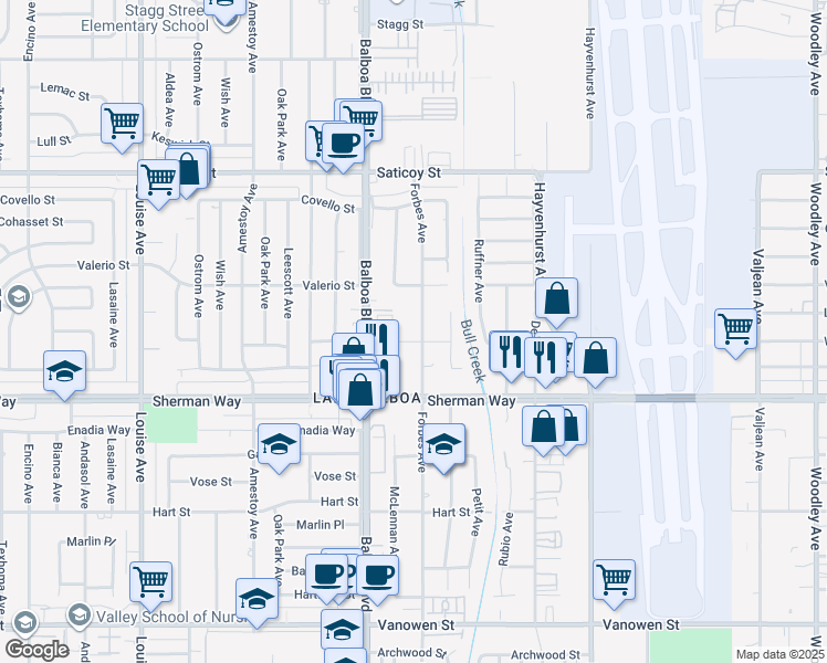 map of restaurants, bars, coffee shops, grocery stores, and more near 7307 Forbes Avenue in Los Angeles