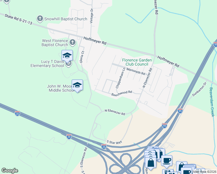 map of restaurants, bars, coffee shops, grocery stores, and more near 321 Windover Road in Florence