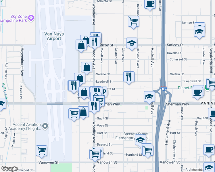 map of restaurants, bars, coffee shops, grocery stores, and more near 16010 Wyandotte Street in Los Angeles