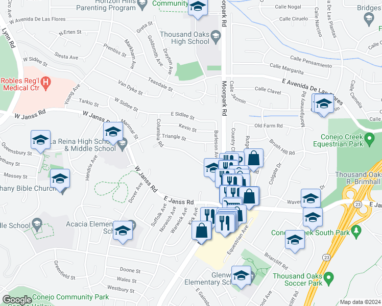 map of restaurants, bars, coffee shops, grocery stores, and more near 291 Columbia Road in Thousand Oaks