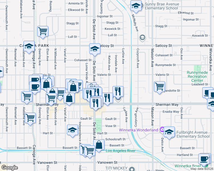 map of restaurants, bars, coffee shops, grocery stores, and more near 7259 Kelvin Avenue in Los Angeles