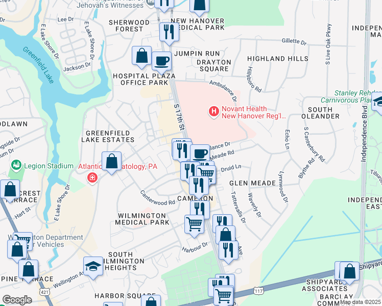 map of restaurants, bars, coffee shops, grocery stores, and more near South 17th Street in Wilmington