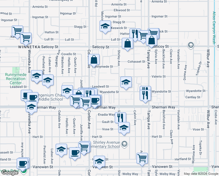 map of restaurants, bars, coffee shops, grocery stores, and more near 19538 Leadwell Street in Los Angeles