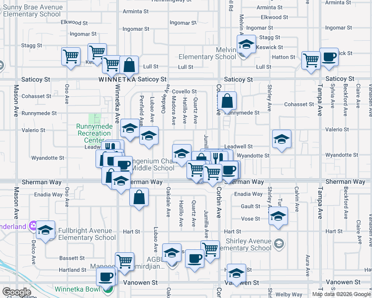 map of restaurants, bars, coffee shops, grocery stores, and more near 7272 Hatillo Avenue in Los Angeles