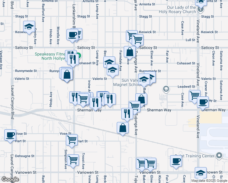 map of restaurants, bars, coffee shops, grocery stores, and more near 7308 Camellia Avenue in Los Angeles