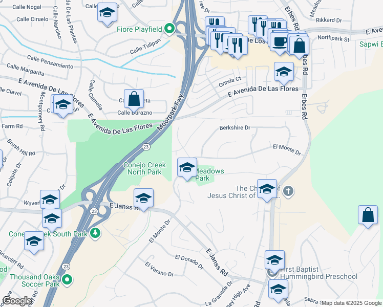 map of restaurants, bars, coffee shops, grocery stores, and more near 1811 El Monte Drive in Thousand Oaks
