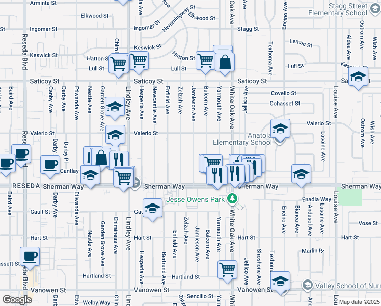 map of restaurants, bars, coffee shops, grocery stores, and more near 7315 Jamieson Avenue in Los Angeles