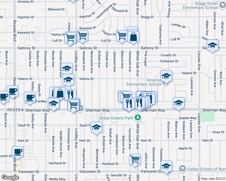 map of restaurants, bars, coffee shops, grocery stores, and more near 7315 Jamieson Avenue in Los Angeles