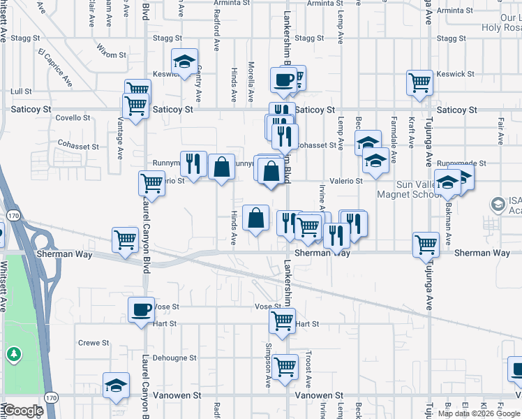 map of restaurants, bars, coffee shops, grocery stores, and more near 7249 Lankershim Boulevard in Los Angeles