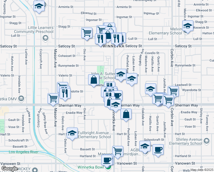 map of restaurants, bars, coffee shops, grocery stores, and more near 20134 Leadwell Street in Los Angeles