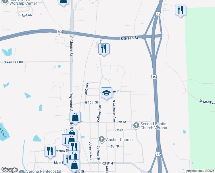 map of restaurants, bars, coffee shops, grocery stores, and more near 237 Stanley Avenue in Tupelo
