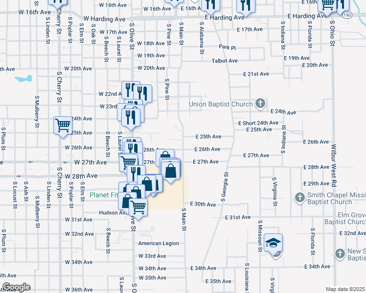 map of restaurants, bars, coffee shops, grocery stores, and more near South Main Street in Pine Bluff