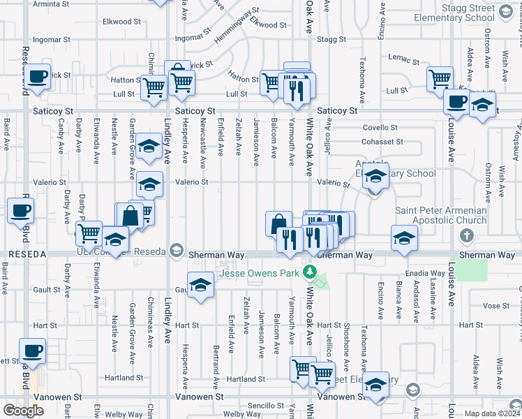 map of restaurants, bars, coffee shops, grocery stores, and more near 7312 Jamieson Avenue in Los Angeles