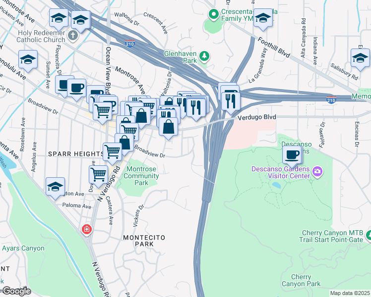 map of restaurants, bars, coffee shops, grocery stores, and more near 2316 Broadview Drive in Glendale