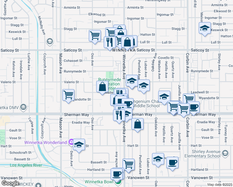 map of restaurants, bars, coffee shops, grocery stores, and more near 20134 Leadwell Street in Los Angeles