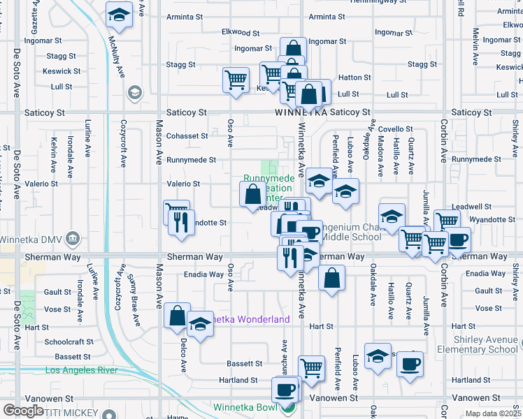 map of restaurants, bars, coffee shops, grocery stores, and more near 20200 Leadwell Street in Los Angeles
