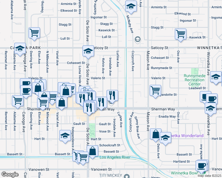 map of restaurants, bars, coffee shops, grocery stores, and more near 7301 Irondale Avenue in Los Angeles