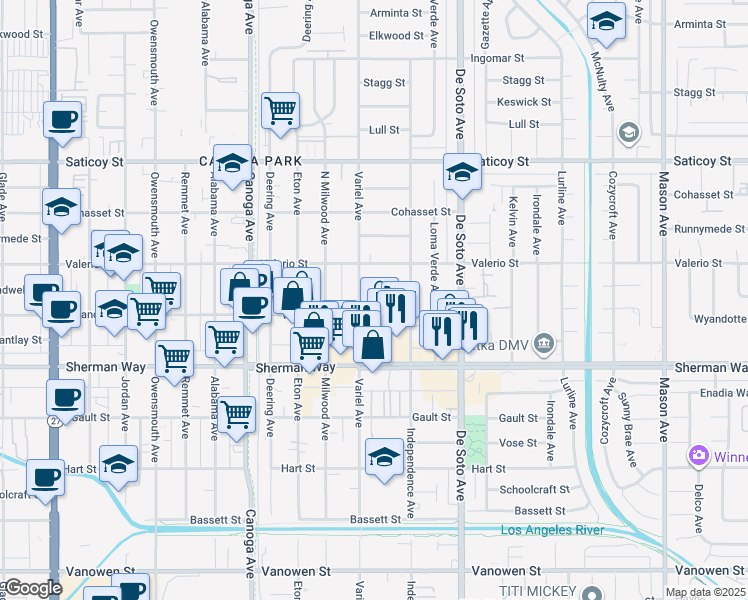 map of restaurants, bars, coffee shops, grocery stores, and more near 7255 Independence Avenue in Los Angeles