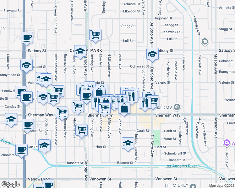map of restaurants, bars, coffee shops, grocery stores, and more near 7305 Variel Avenue in Los Angeles