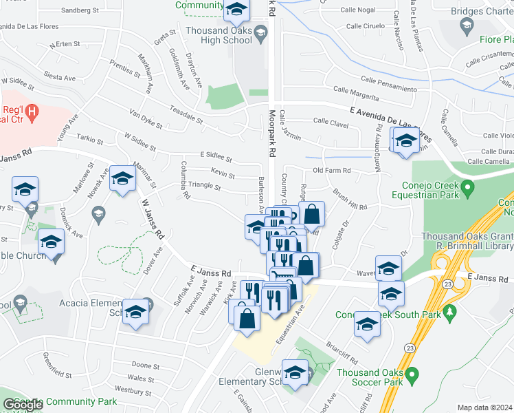 map of restaurants, bars, coffee shops, grocery stores, and more near 1825 Burleson Avenue in Thousand Oaks