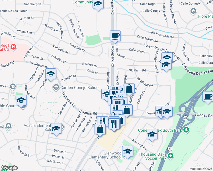 map of restaurants, bars, coffee shops, grocery stores, and more near 1825 Burleson Avenue in Thousand Oaks