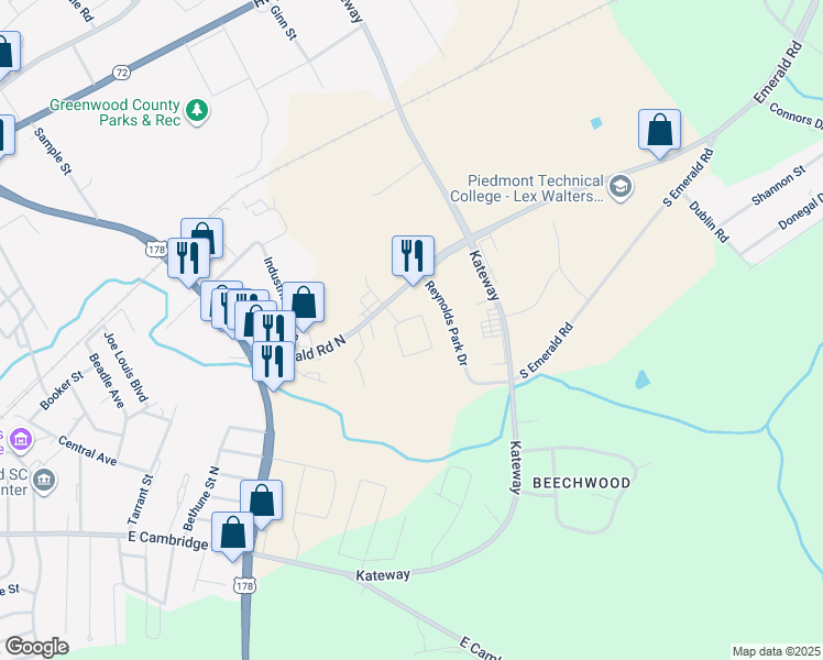 map of restaurants, bars, coffee shops, grocery stores, and more near 400 Emerald Road North in Greenwood