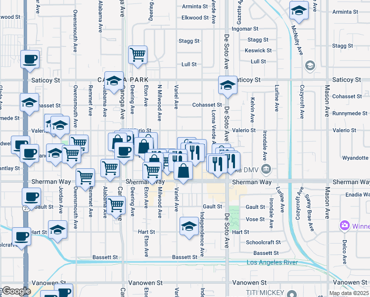 map of restaurants, bars, coffee shops, grocery stores, and more near 7314 Variel Avenue in Los Angeles