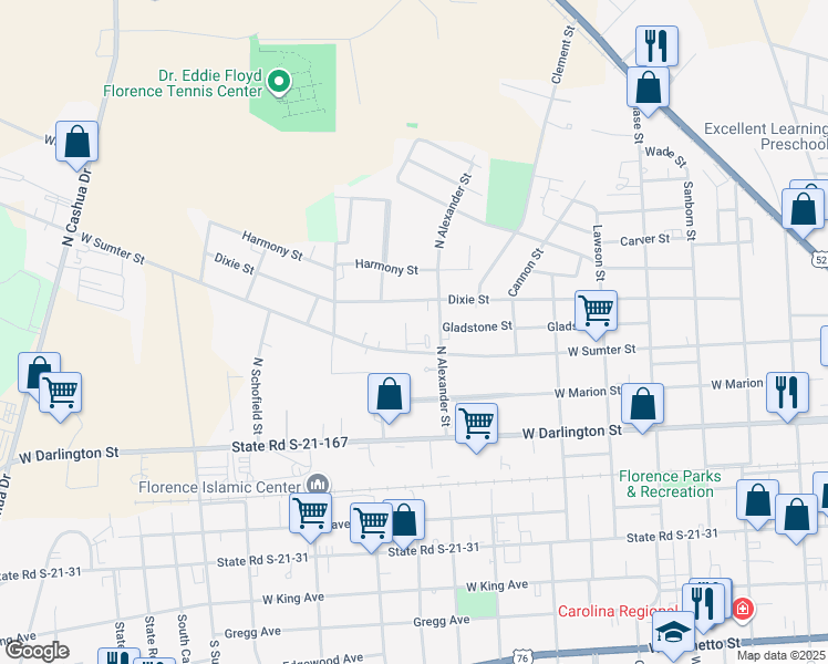 map of restaurants, bars, coffee shops, grocery stores, and more near 1001 West Sumter Street in Florence