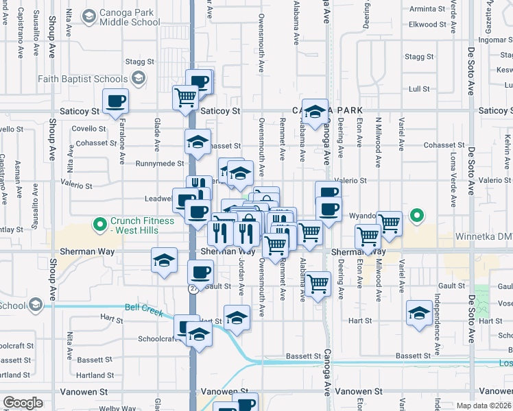 map of restaurants, bars, coffee shops, grocery stores, and more near 7319 Owensmouth Avenue in Los Angeles