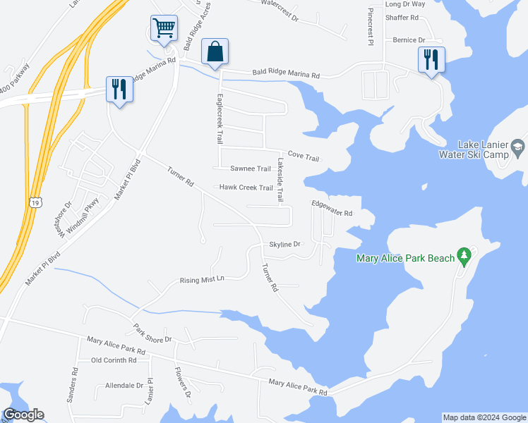 map of restaurants, bars, coffee shops, grocery stores, and more near 2535 Lakeview Trail in Cumming