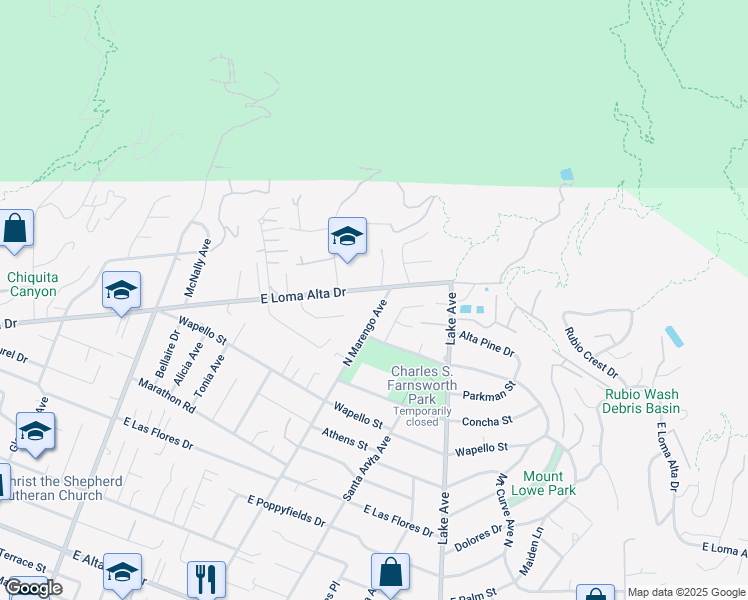 map of restaurants, bars, coffee shops, grocery stores, and more near 3485 Marengo Avenue in Altadena