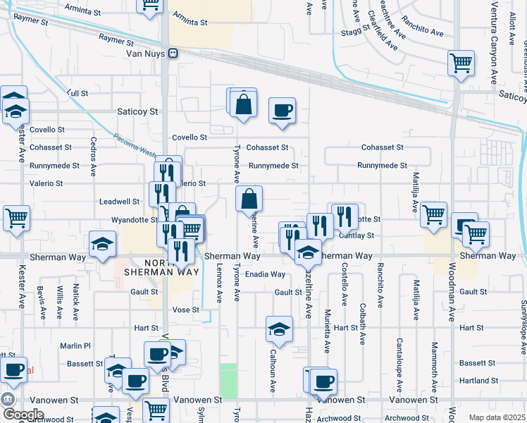 map of restaurants, bars, coffee shops, grocery stores, and more near 14213 Wyandotte Street in Los Angeles